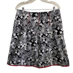 b.i.y.a.y.c.d.a. Black White Pleated Floral Skirt Size L Red Ribbon Accents Y2K